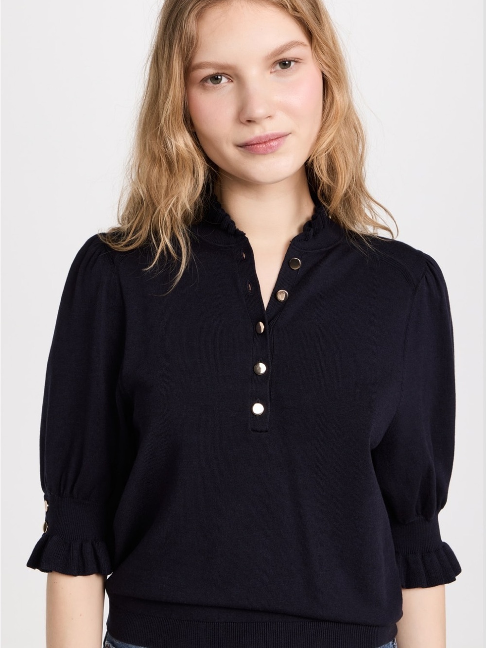 ba&sh SERA Navy Button-Placket Ruffle Sleeve Sweater - Picture 2 of 10